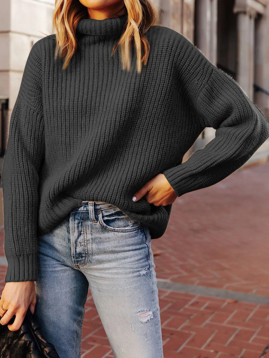 Fashion Casual Loose High Neck Long Sleeve Solid Color Sweater