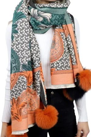 Floral & Abstract Print Wrap with Fox Poms - Black/Orange