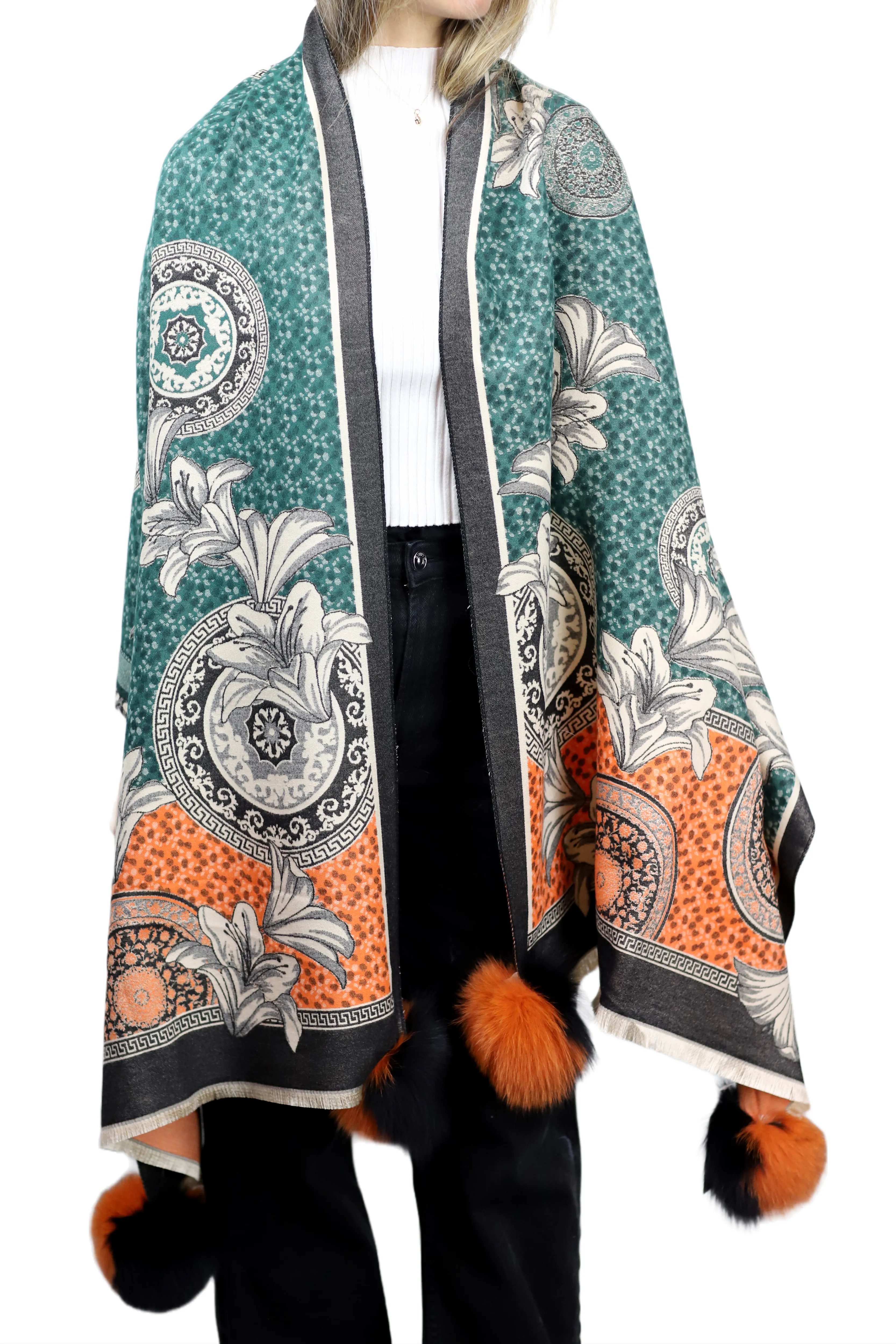 Floral & Abstract Print Wrap with Fox Poms - Black/Orange