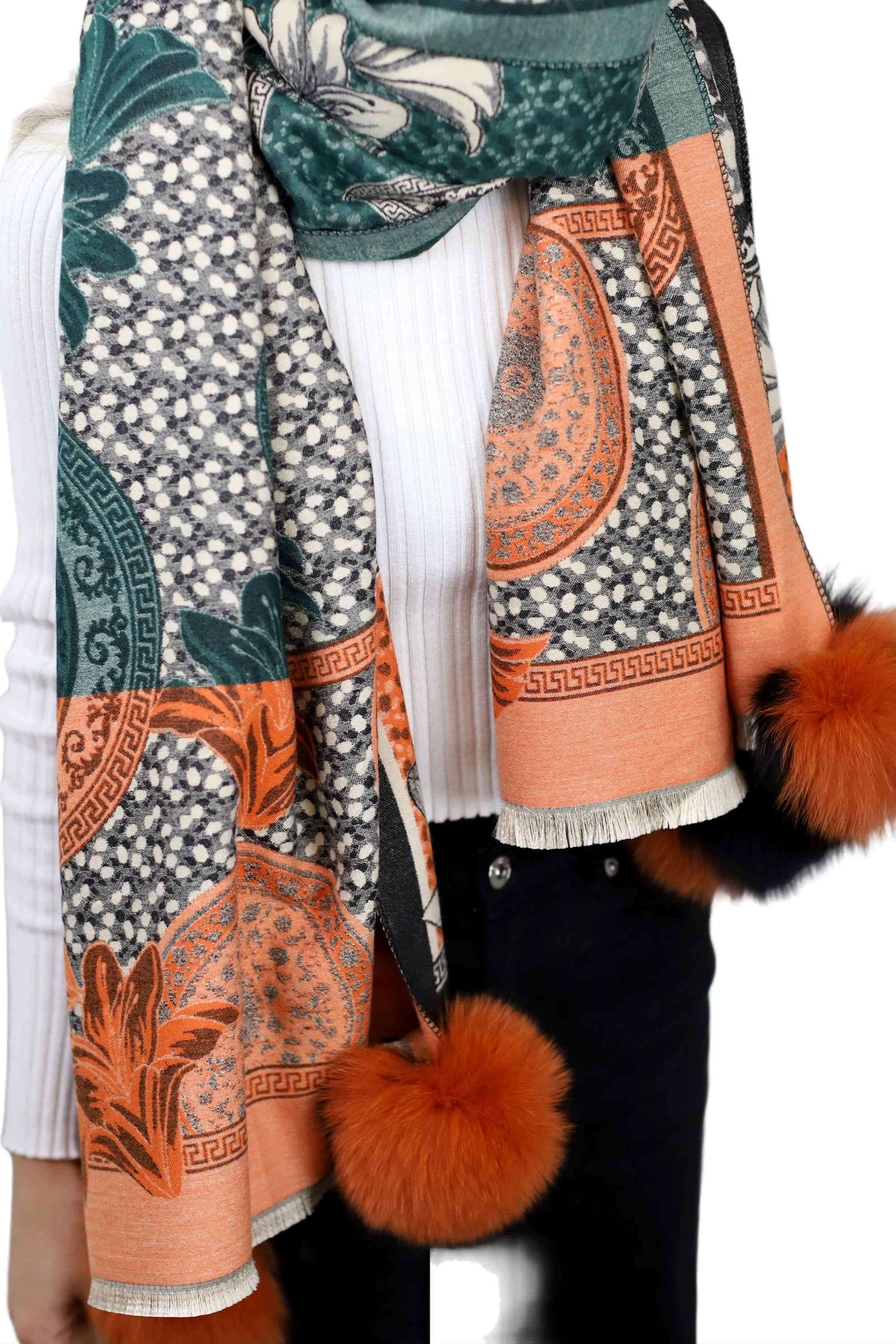 Floral & Abstract Print Wrap with Fox Poms - Black/Orange