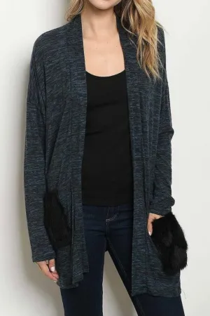 FUR POCKET OPEN FRONT CARDIGAN SWEATER