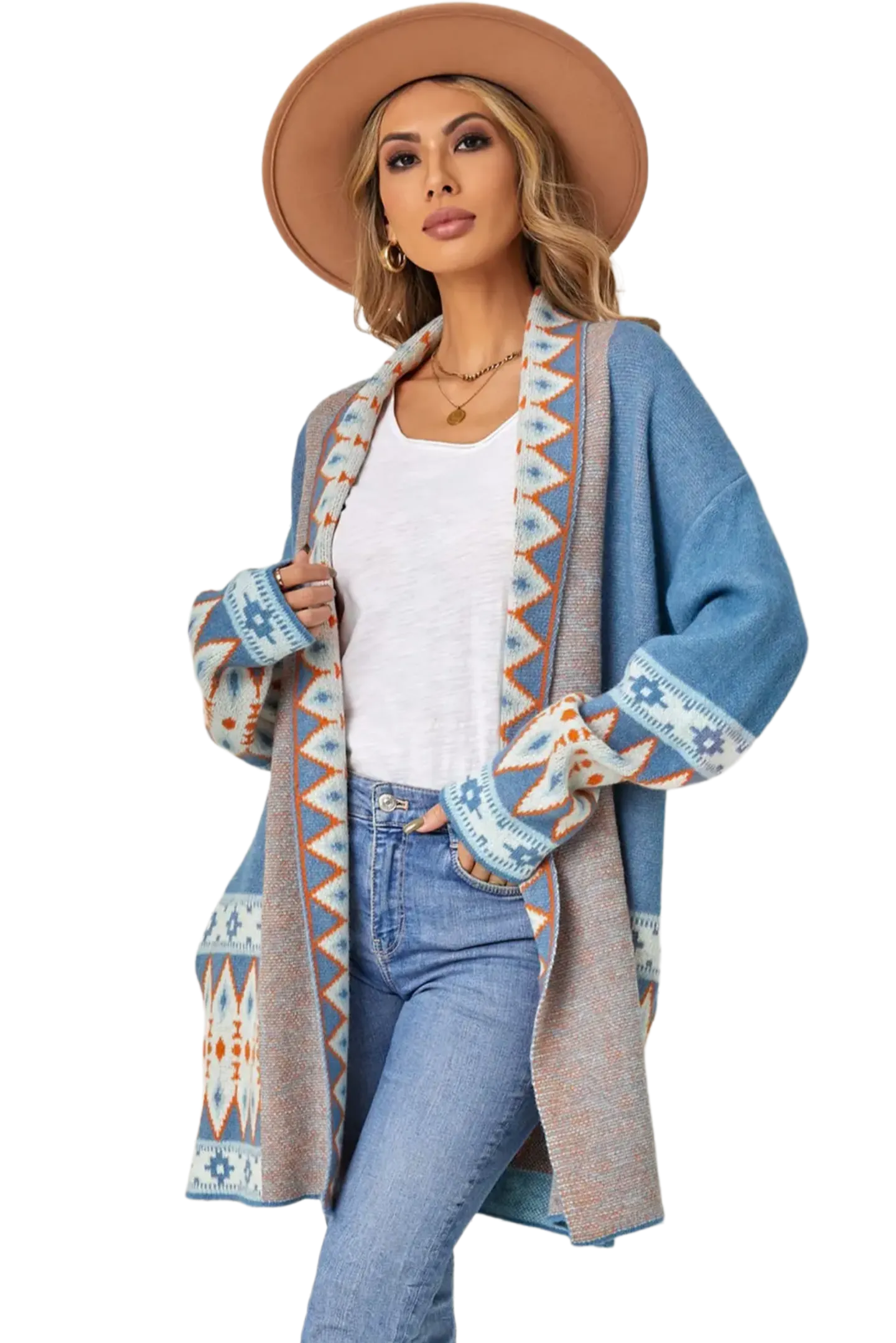 Geometric Open Front Long Sleeve Cardigan