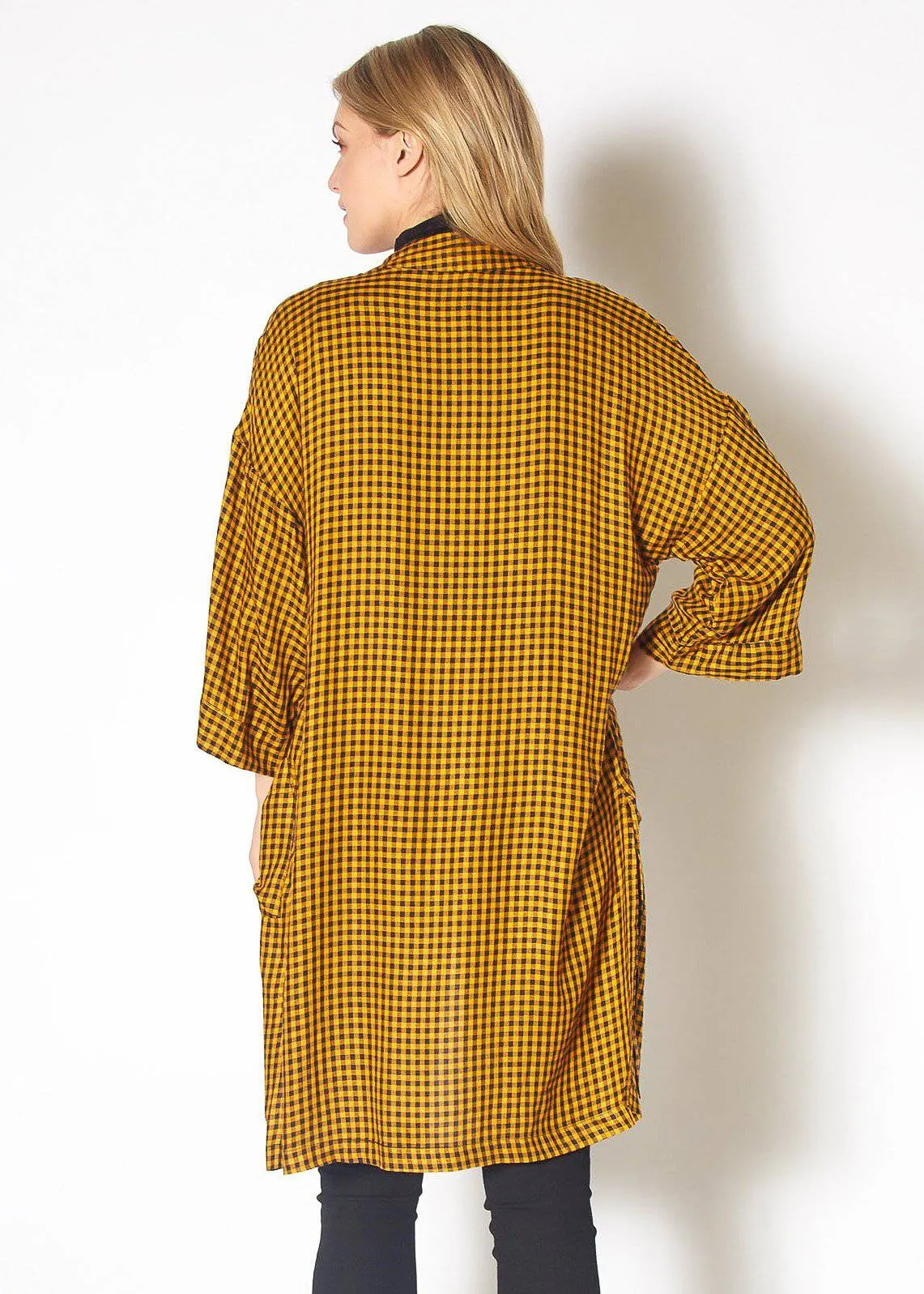 Gingham Kimono Cardigan in Mustard Dark Navy Checker