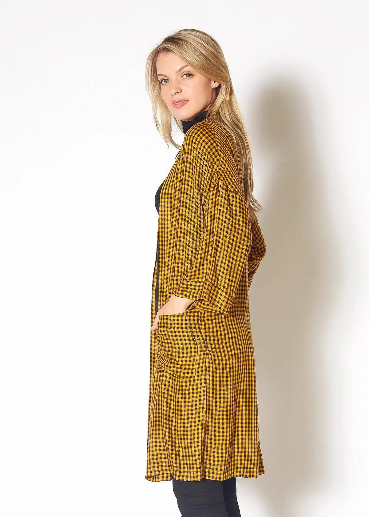 Gingham Kimono Cardigan in Mustard Dark Navy Checker