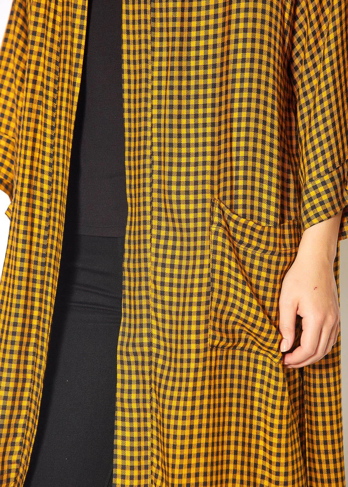 Gingham Kimono Cardigan in Mustard Dark Navy Checker