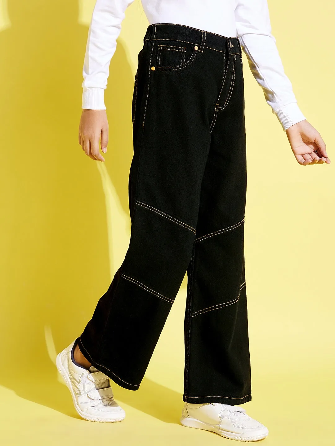 Girls Black Contrast Thread Straight Jeans