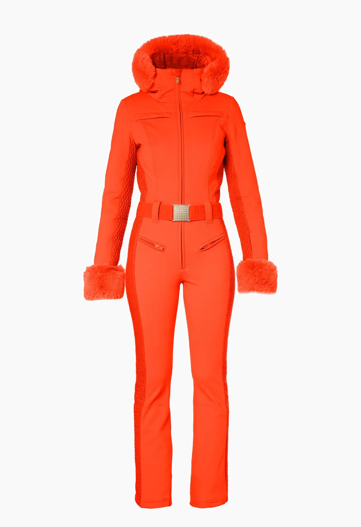 Goldbergh Angele One Piece Ski Suit in Orange with Faux Fur Hood and Cuffs