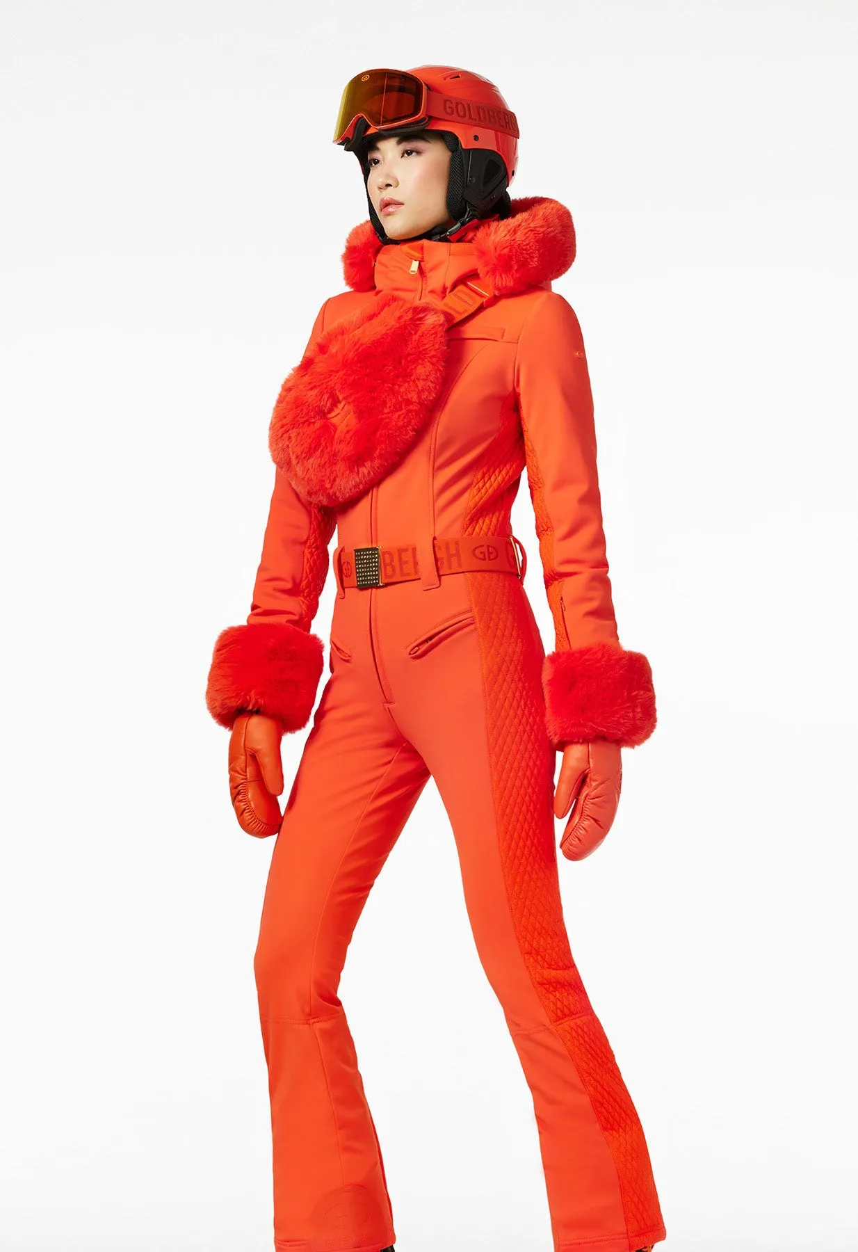 Goldbergh Angele One Piece Ski Suit in Orange with Faux Fur Hood and Cuffs