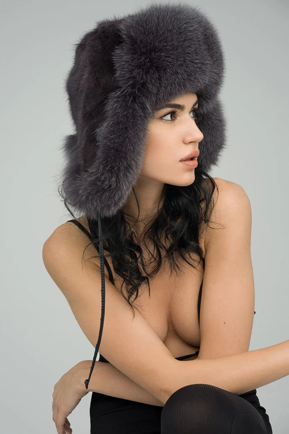 Gray Genuine Arctic Fox and Mink Fur Hat