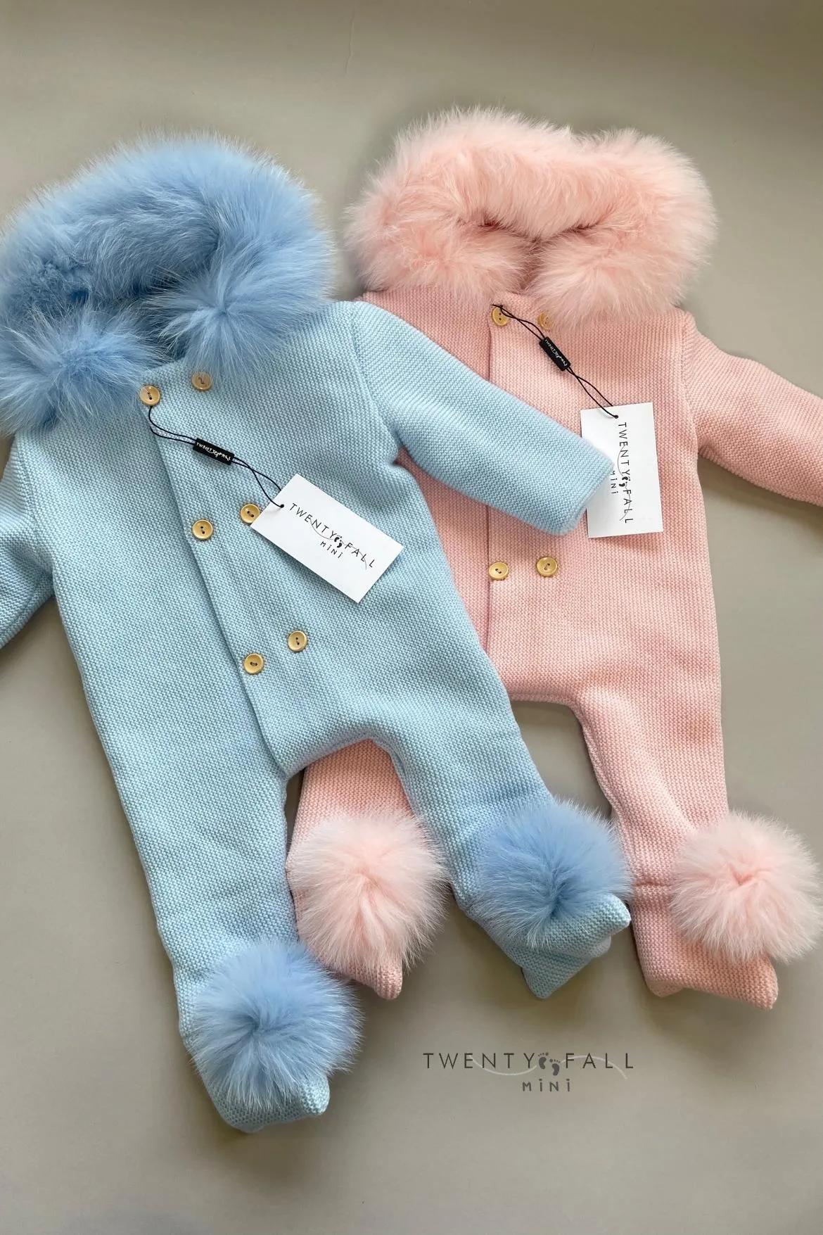 Knitted Pramsuit with Fox Fur Trim