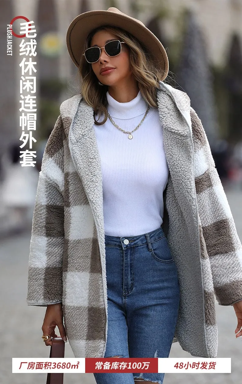 Long Sleeve Loose Plaid Puffer Coat without Buttons