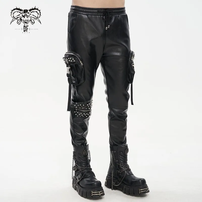 Men's Punk Big-pocket Rivets Faux Leather Pants