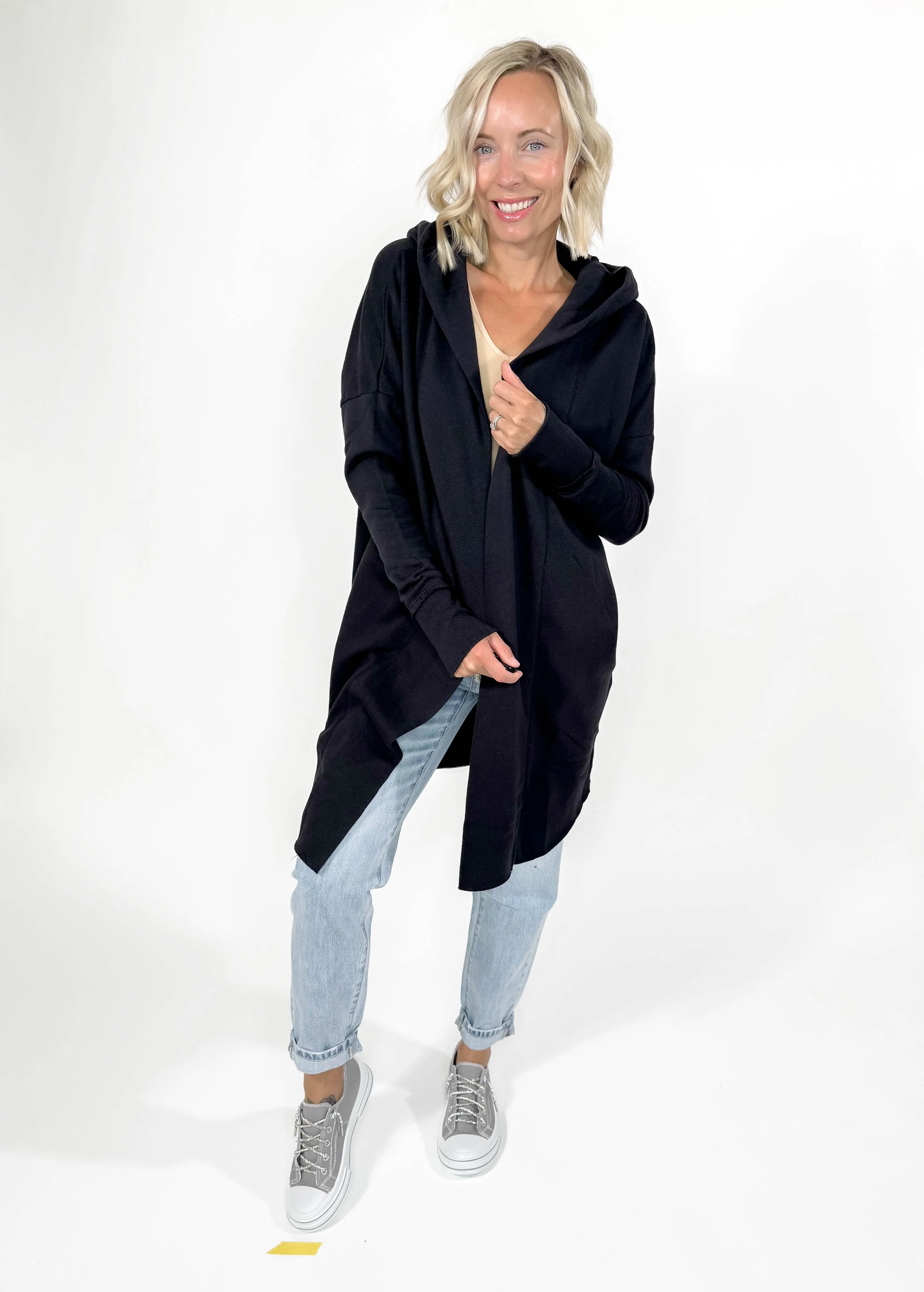 MONO B Whistler Longline Hoodie Cardigan- BLACK