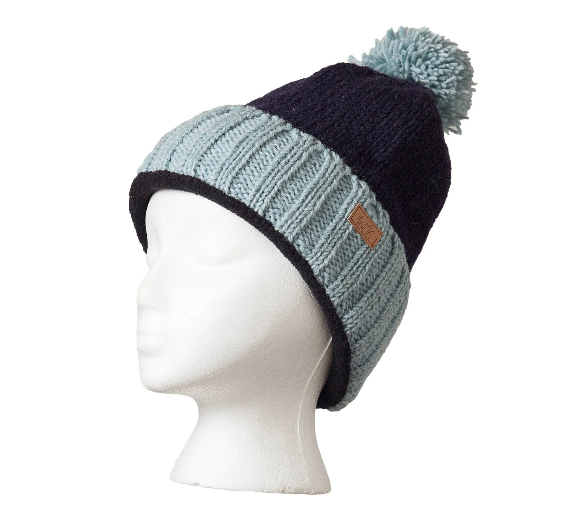 Navy Wool Hat, Multi-color Pom Pom, Cozy Fleece Lining, Blue Cuff Hat