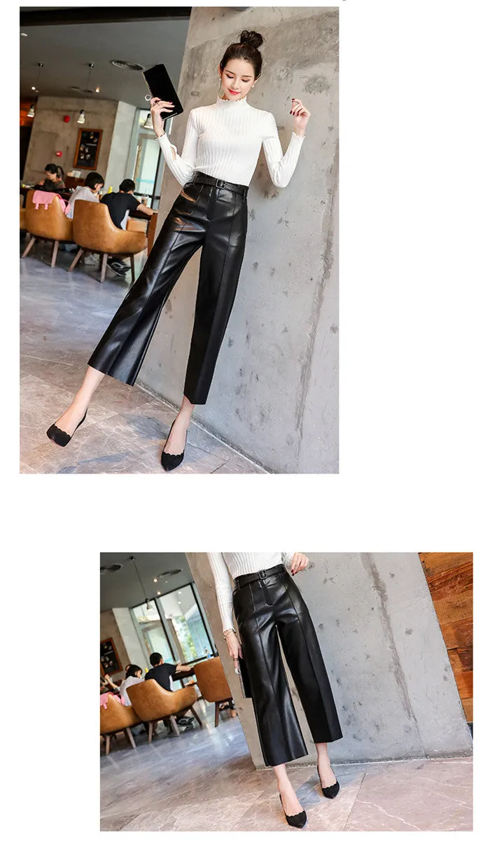 New Women PU Leather Belted High Waist Pants