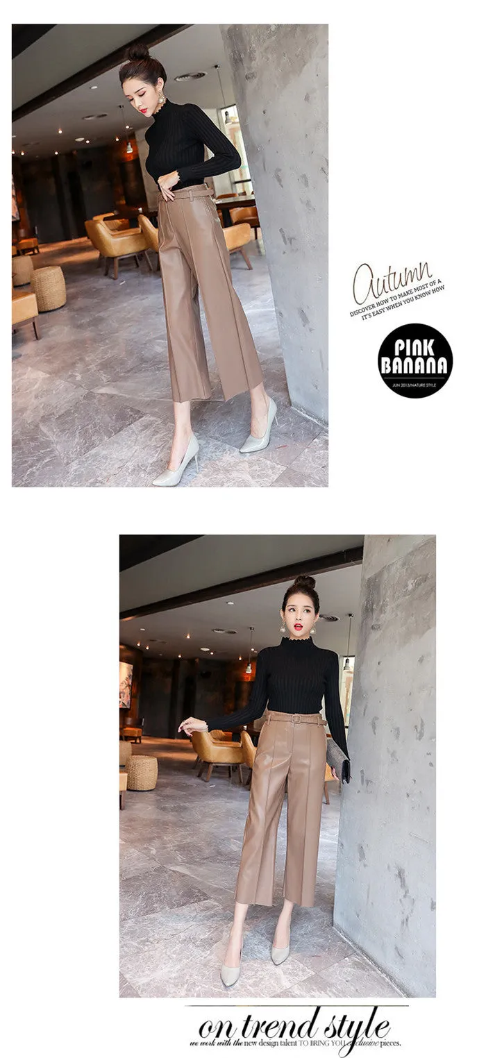 New Women PU Leather Belted High Waist Pants