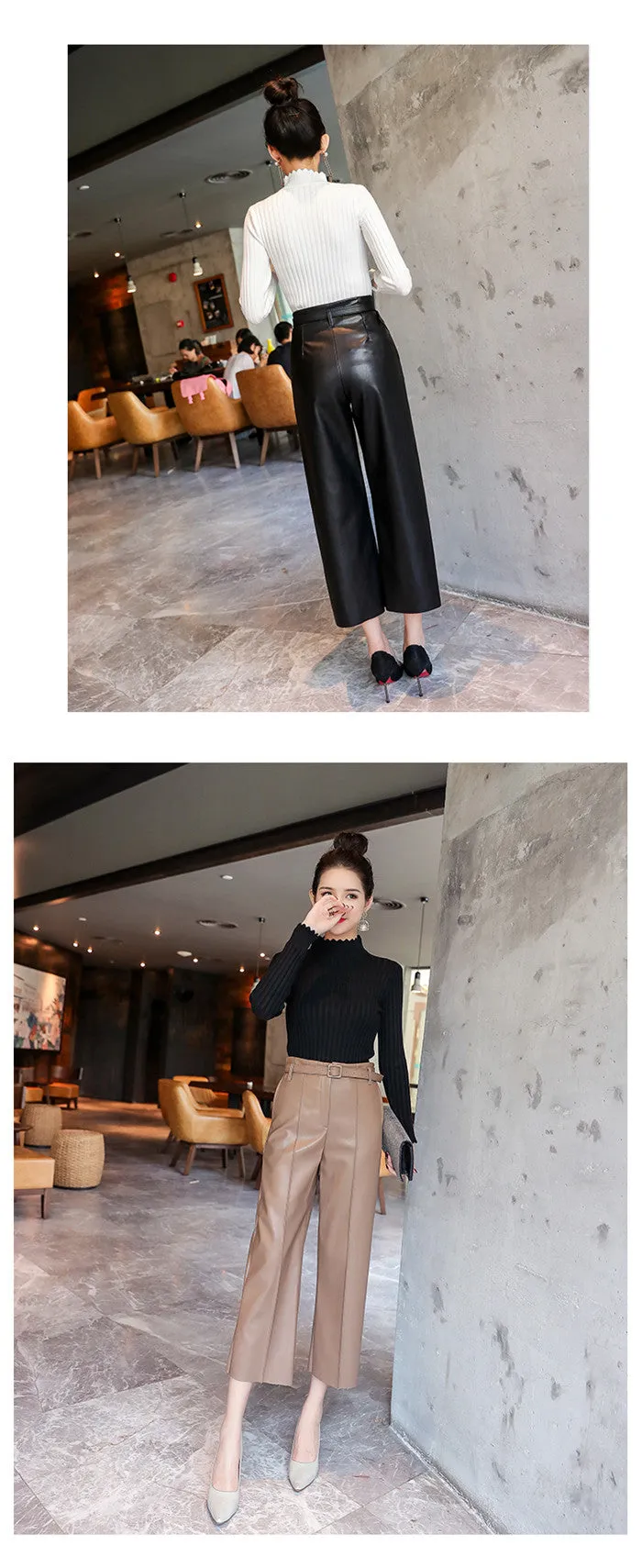 New Women PU Leather Belted High Waist Pants