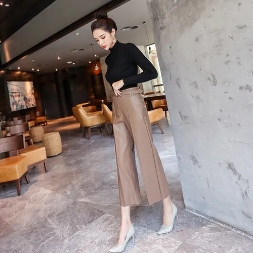 New Women PU Leather Belted High Waist Pants