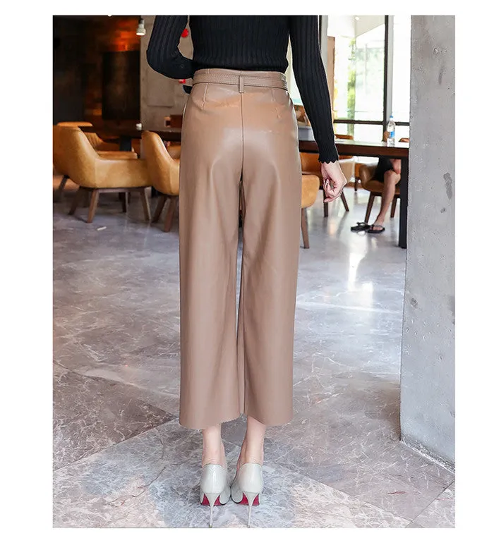 New Women PU Leather Belted High Waist Pants