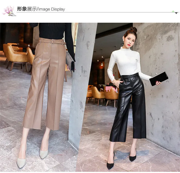 New Women PU Leather Belted High Waist Pants