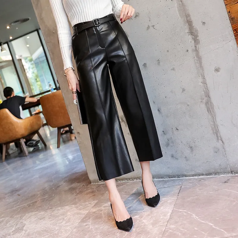 New Women PU Leather Belted High Waist Pants