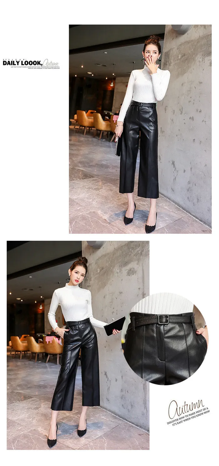 New Women PU Leather Belted High Waist Pants