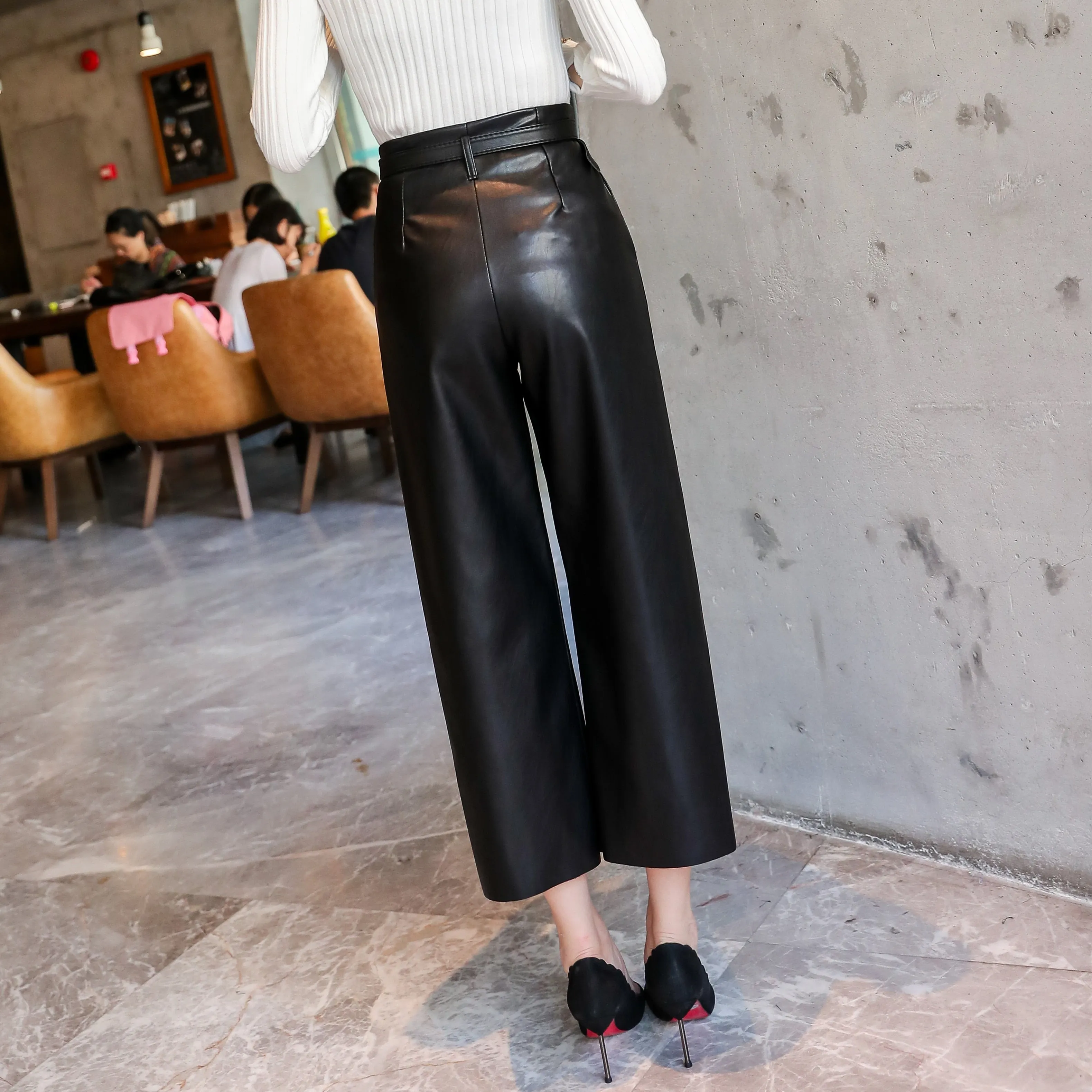 New Women PU Leather Belted High Waist Pants