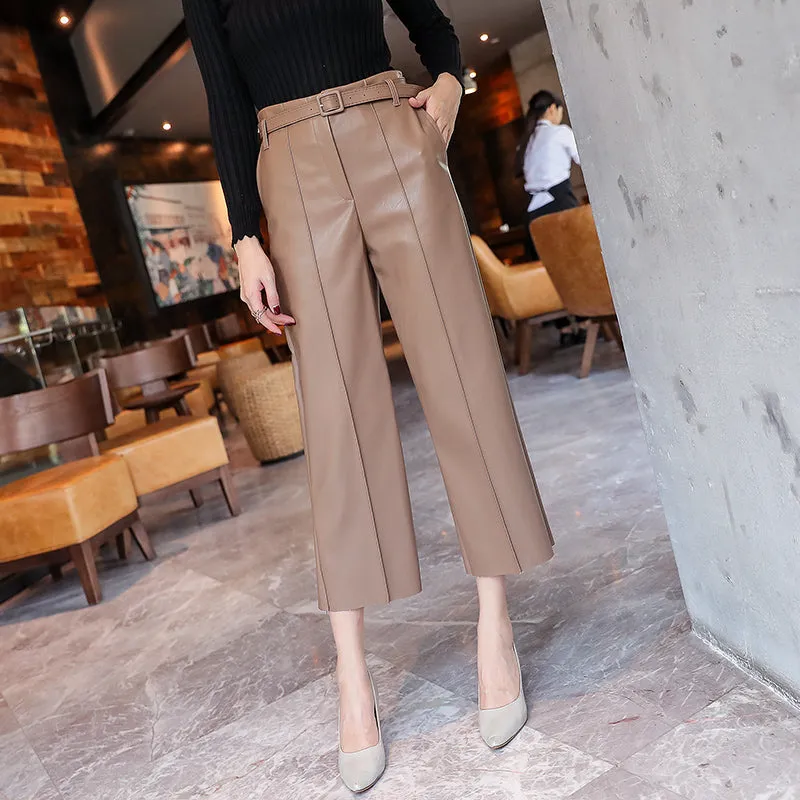 New Women PU Leather Belted High Waist Pants