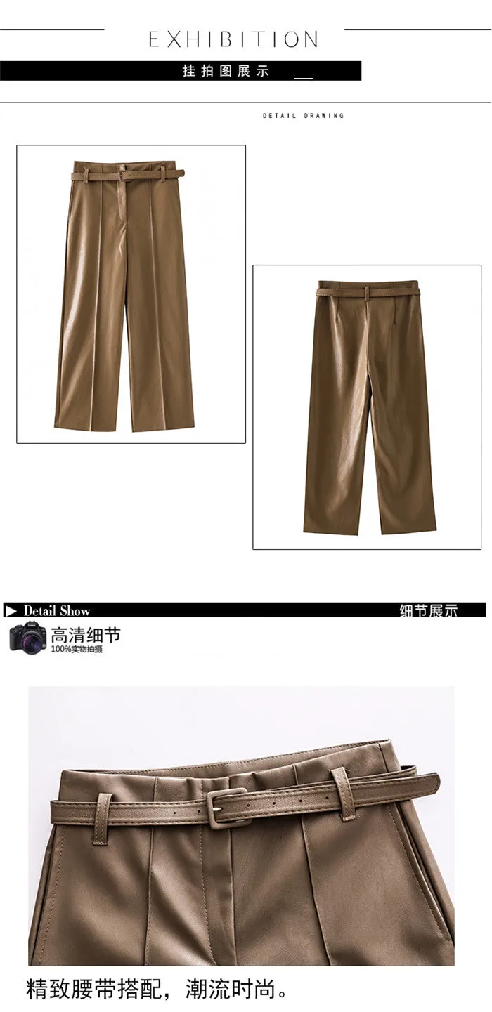 New Women PU Leather Belted High Waist Pants