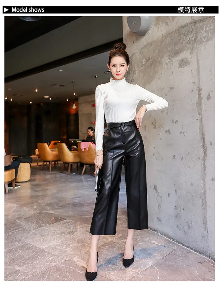 New Women PU Leather Belted High Waist Pants