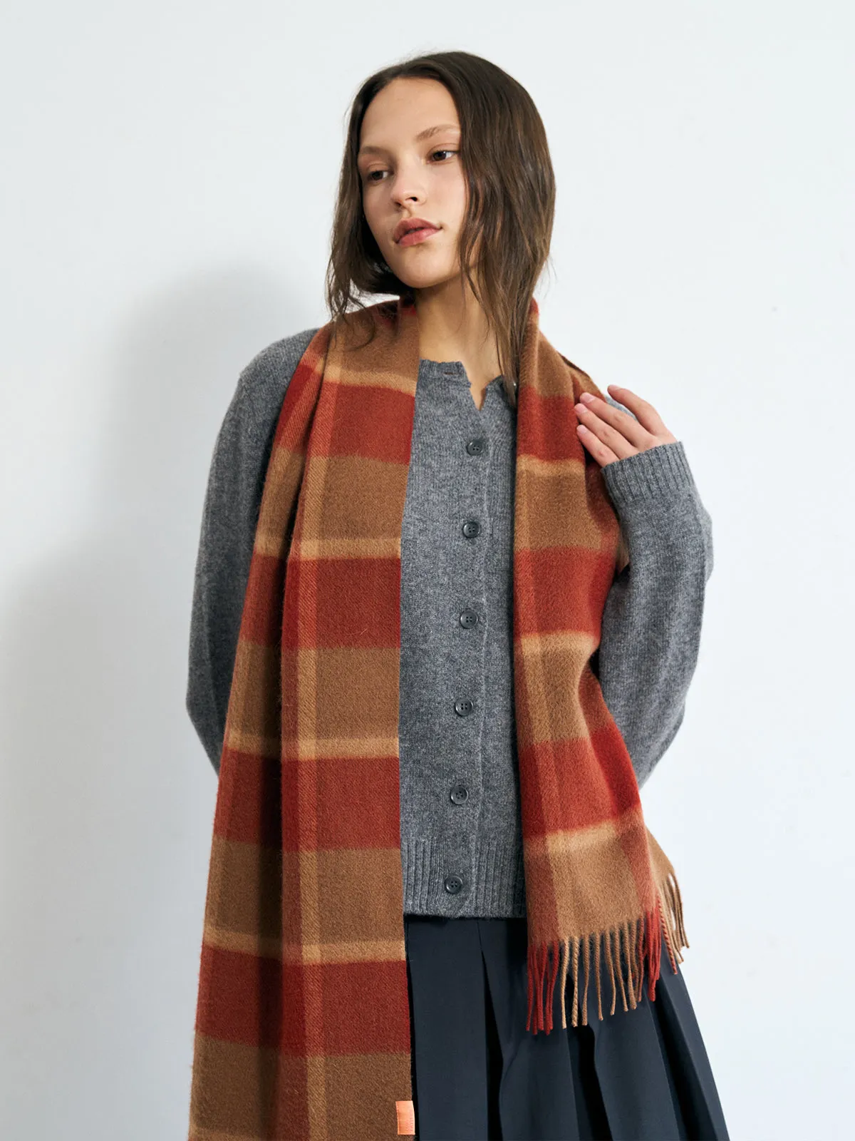 "Plaid" Cashmere Scarf - Brick Red