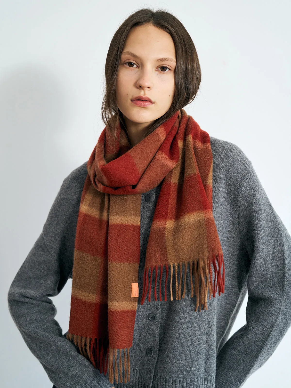 "Plaid" Cashmere Scarf - Brick Red