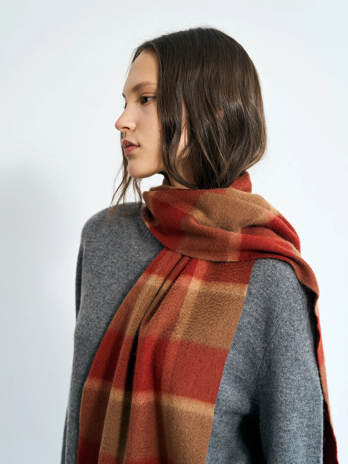 "Plaid" Cashmere Scarf - Brick Red