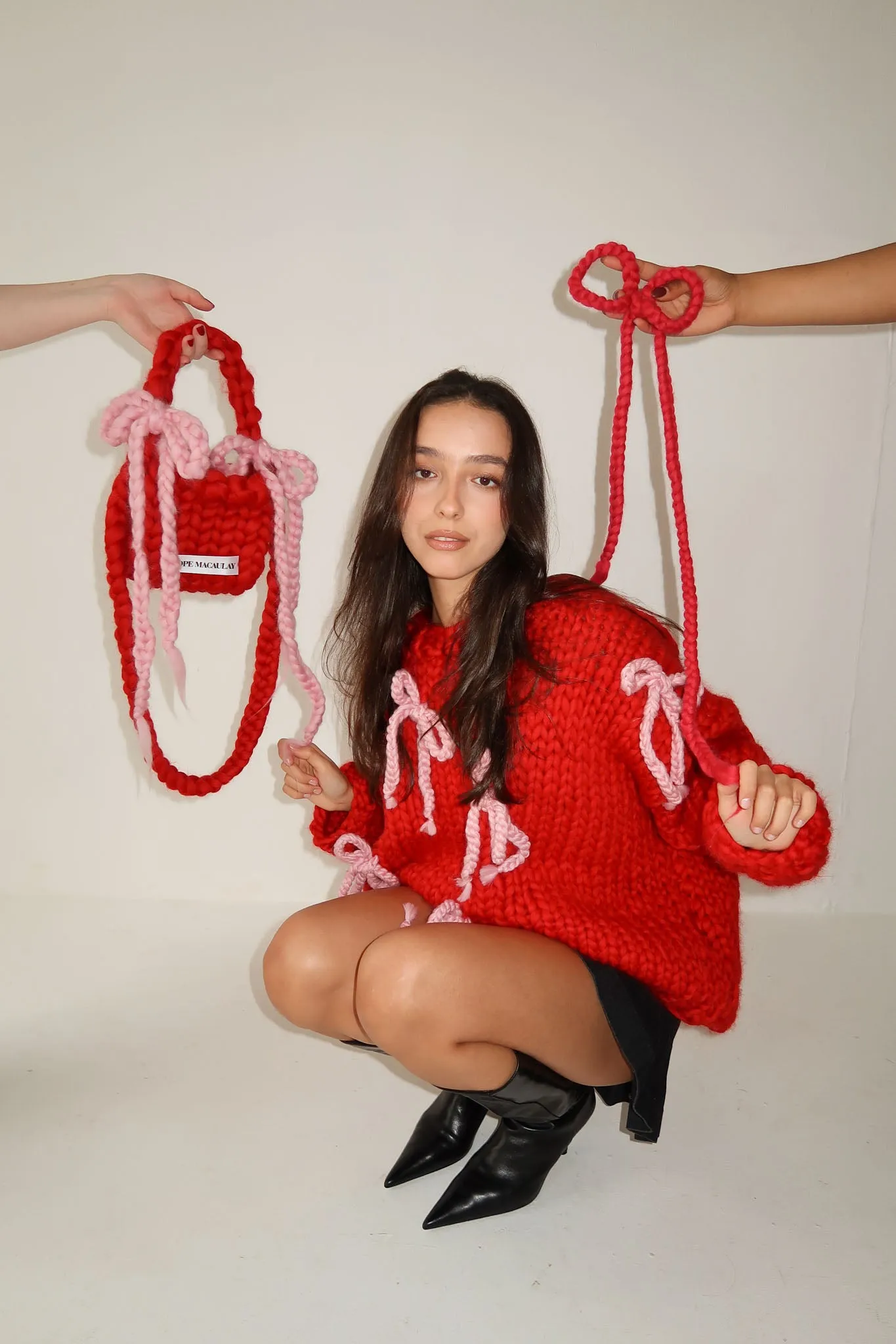 Red Colossal Knit Crossbody Bag with Bows