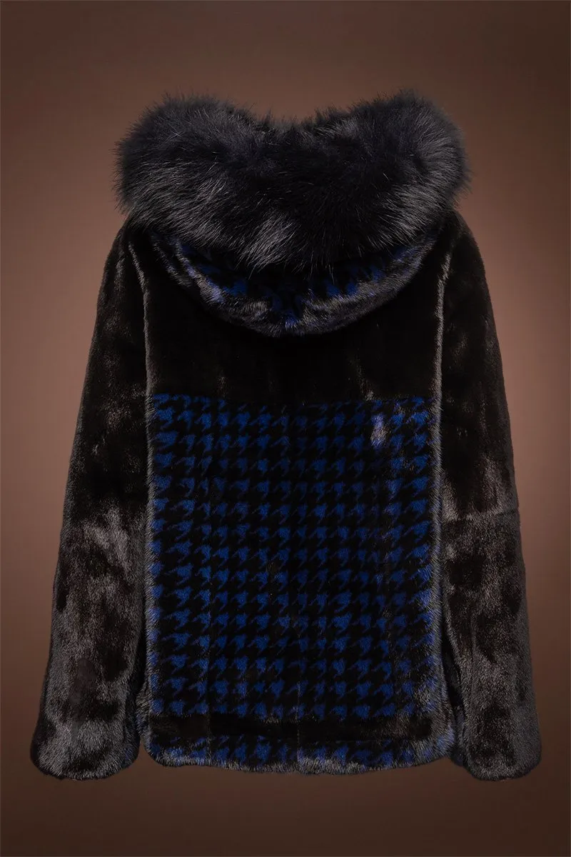 Royal Blue Houndstooth Print Mink Fur Jacket - Fox Fur Hood Trim