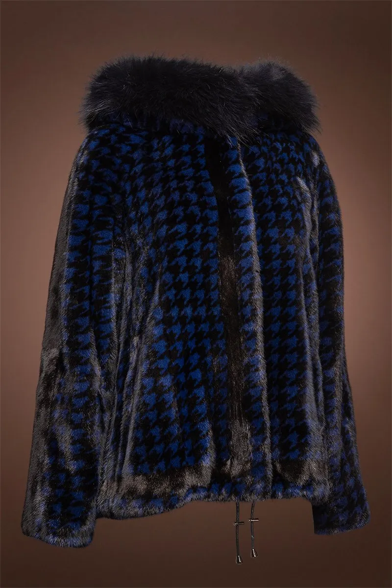 Royal Blue Houndstooth Print Mink Fur Jacket - Fox Fur Hood Trim