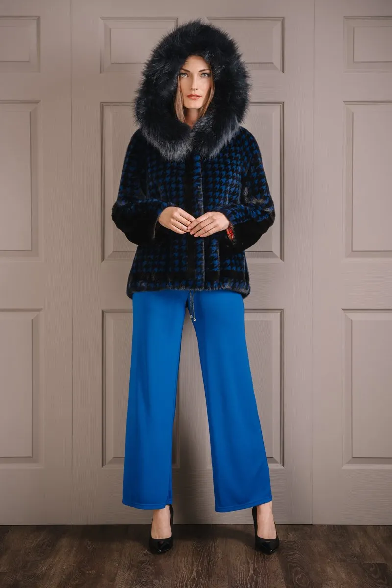 Royal Blue Houndstooth Print Mink Fur Jacket - Fox Fur Hood Trim