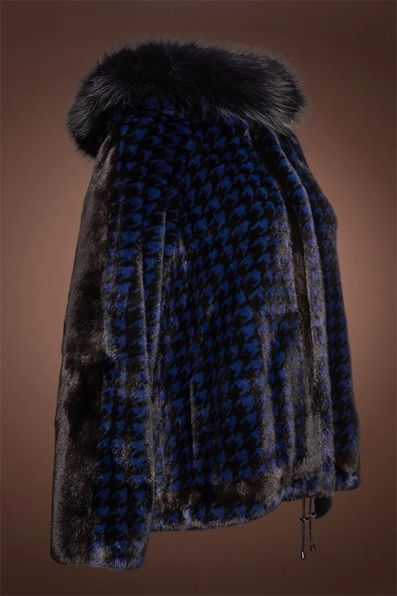 Royal Blue Houndstooth Print Mink Fur Jacket - Fox Fur Hood Trim