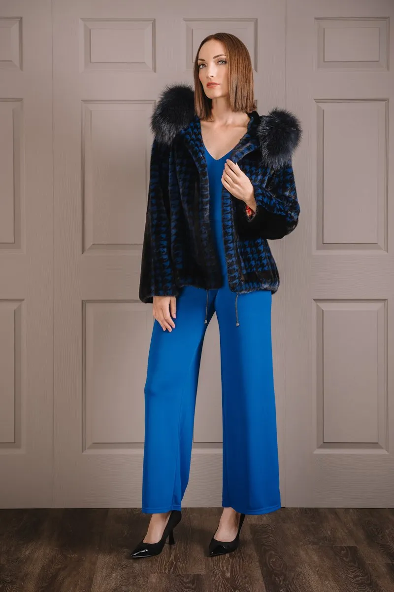 Royal Blue Houndstooth Print Mink Fur Jacket - Fox Fur Hood Trim