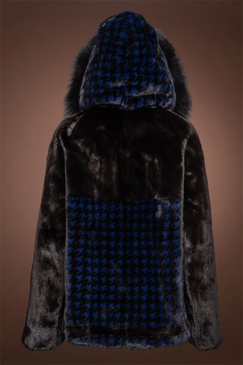 Royal Blue Houndstooth Print Mink Fur Jacket - Fox Fur Hood Trim