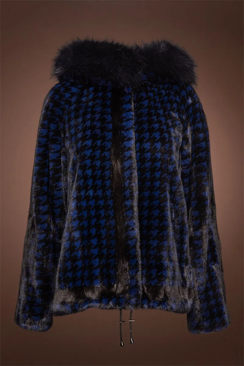 Royal Blue Houndstooth Print Mink Fur Jacket - Fox Fur Hood Trim