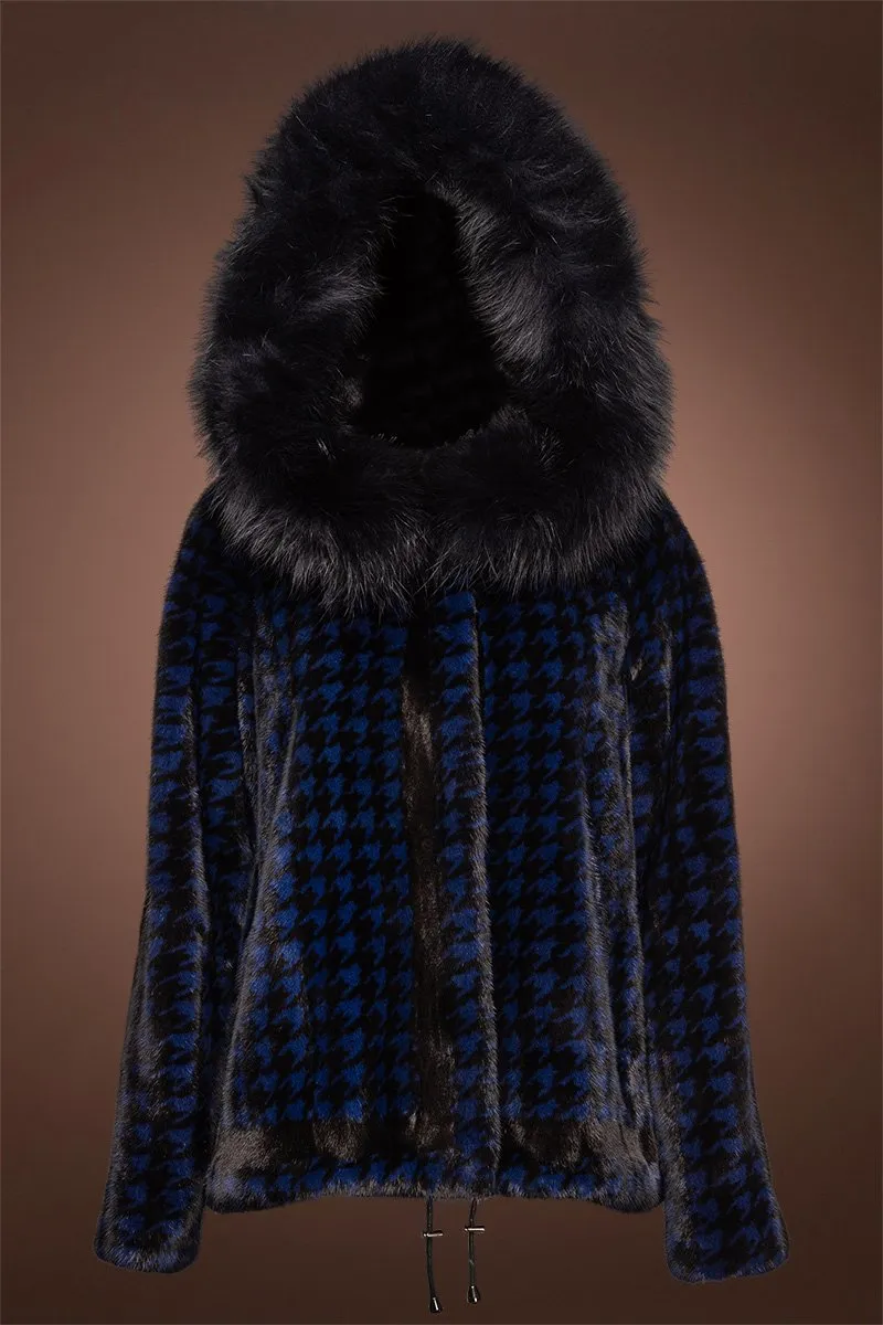 Royal Blue Houndstooth Print Mink Fur Jacket - Fox Fur Hood Trim