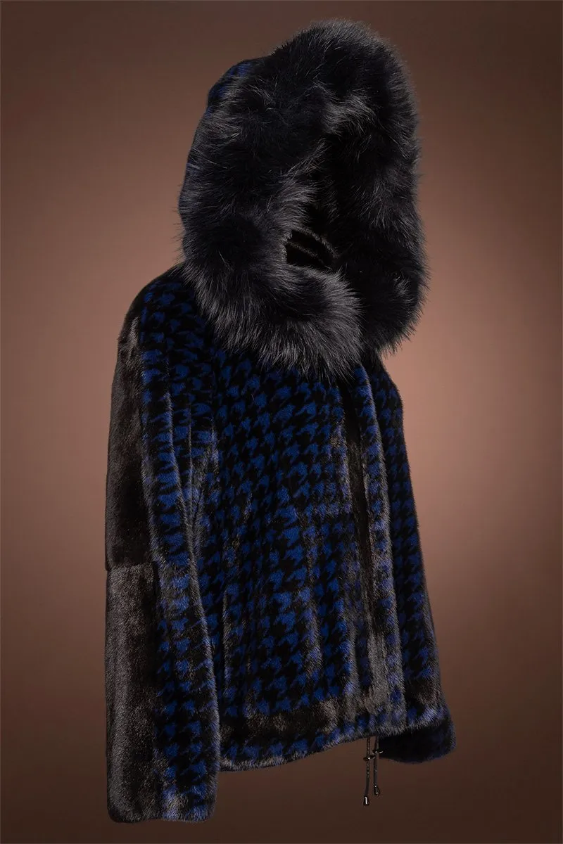 Royal Blue Houndstooth Print Mink Fur Jacket - Fox Fur Hood Trim