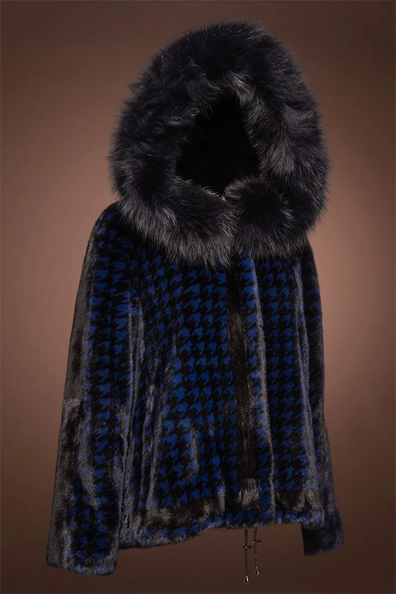 Royal Blue Houndstooth Print Mink Fur Jacket - Fox Fur Hood Trim