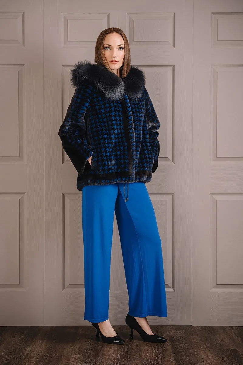 Royal Blue Houndstooth Print Mink Fur Jacket - Fox Fur Hood Trim