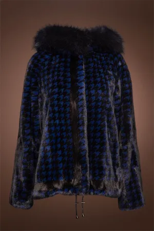 Royal Blue Houndstooth Print Mink Fur Jacket - Fox Fur Hood Trim