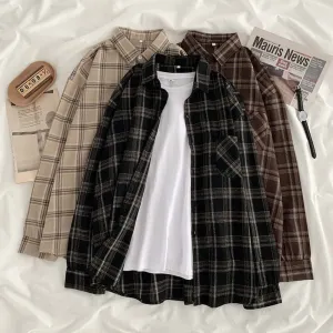 Spring Summer Loose Lapel Plaid Print Ladies Shirt Shirt Women