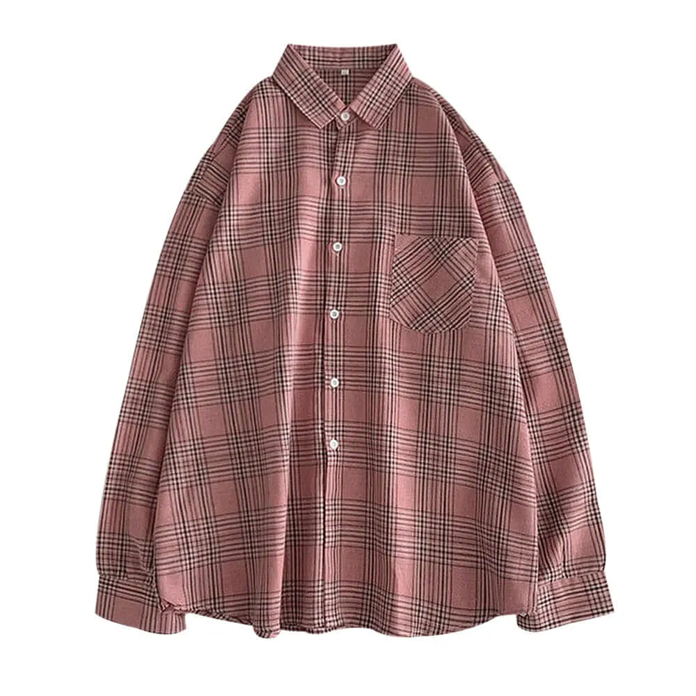 Spring Summer Loose Lapel Plaid Print Ladies Shirt Shirt Women