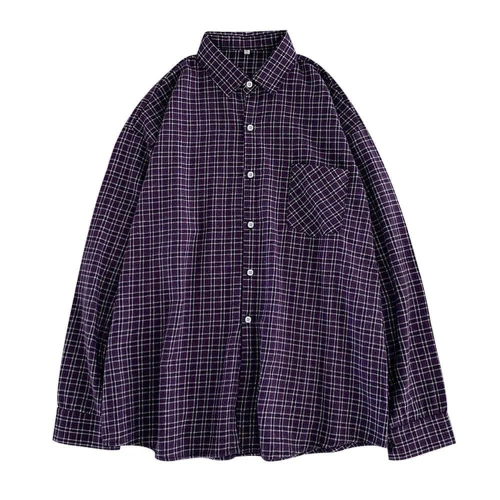 Spring Summer Loose Lapel Plaid Print Ladies Shirt Shirt Women