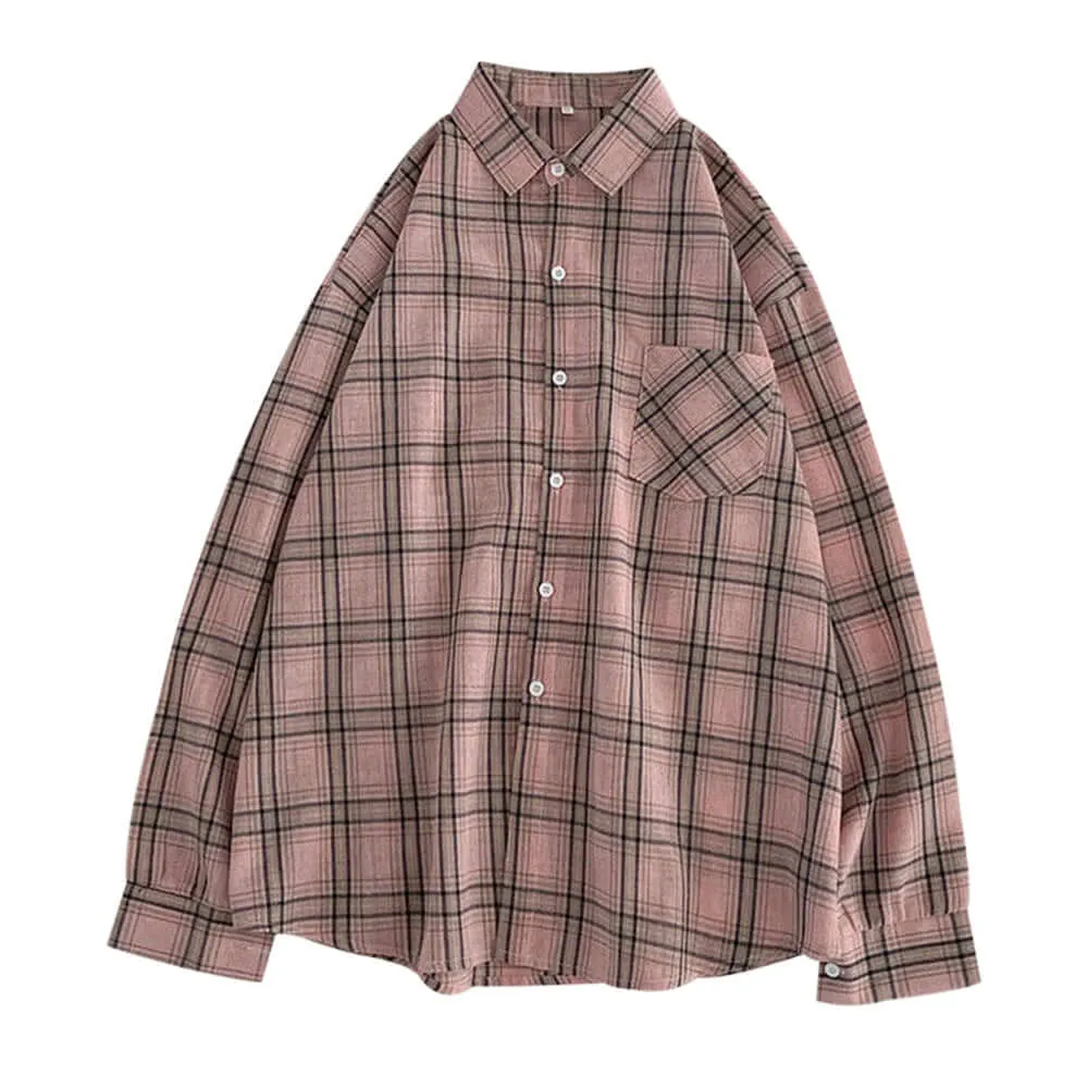 Spring Summer Loose Lapel Plaid Print Ladies Shirt Shirt Women